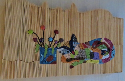 Tableau motif chat patchwork décoré avec un mélange de matériaux